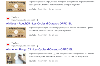 Les vidéos Youtube des esquisses réalisées par ReginHart pour le premier volume des Cycles d'Ouranos.